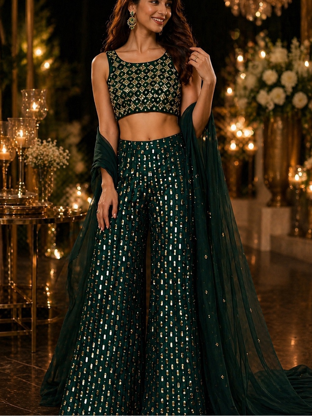Sequin shiny Emerald green lehnga sharara 3 piece with cape cardigan